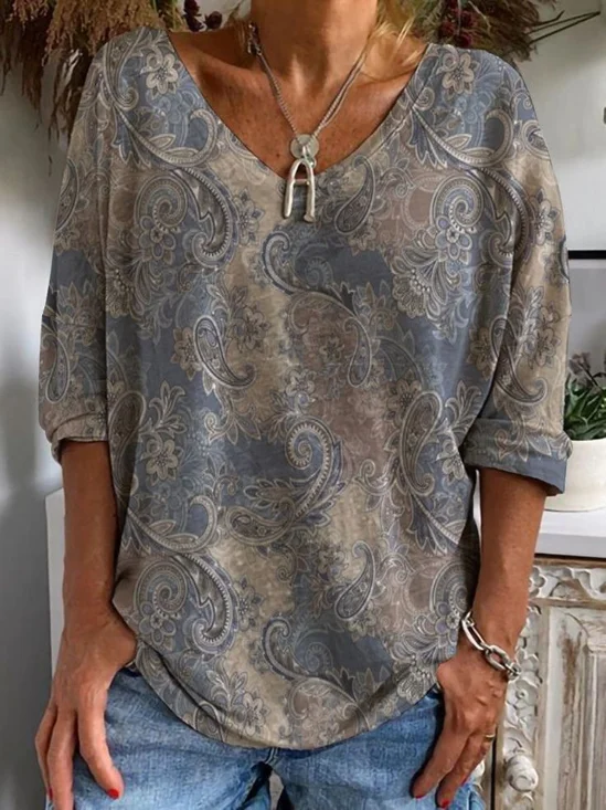 Women's Floral Spring V-Neck Print Casual Long Sleeve T-Shirt