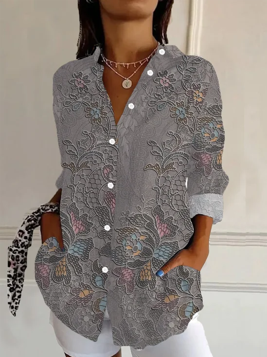 Women's Long Sleeve Shirt Spring/Fall Gray Floral Buckle Shirt Collar Daily Going Out Casual Top