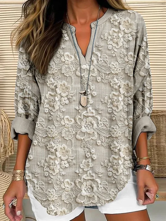 Floral lace embroidery linen blend comfortable shirt
