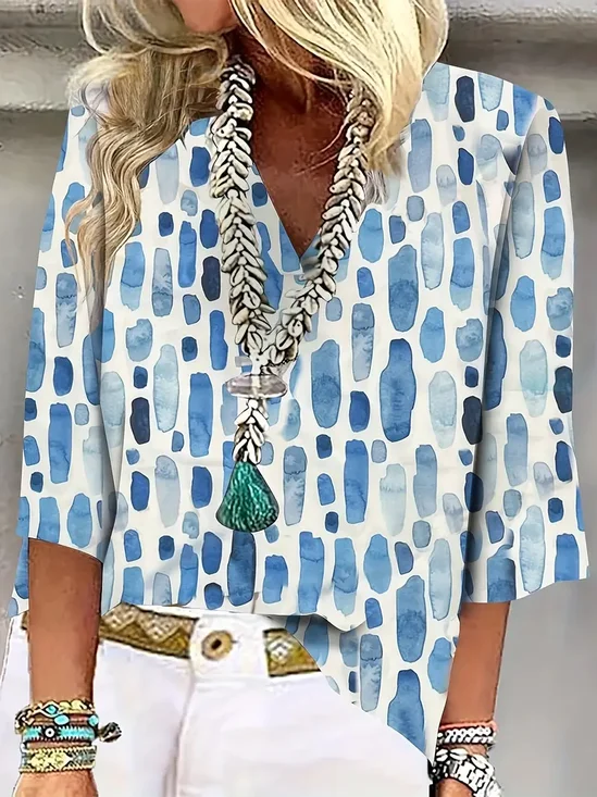 Women's Geometric Spring V-Neck Printed Casual Blouse