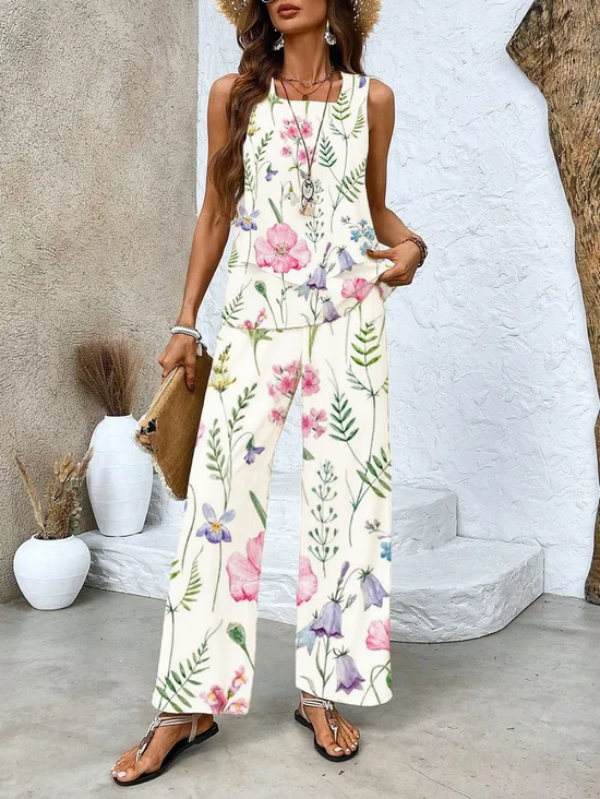 Women's Floral Spring Print Casual Tank Top Pants Two Piece Suit