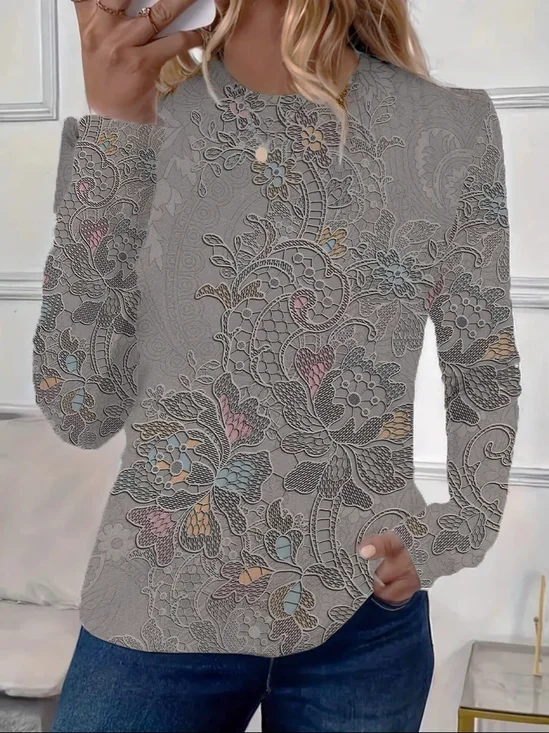 Women's Long Sleeve T-shirt Spring/Fall Gray Floral Printing Jersey Crew Neck Daily Going Out Casual Top