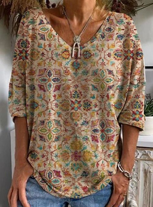 Women's Floral Spring V-Neck Print Casual Long Sleeve T-Shirt