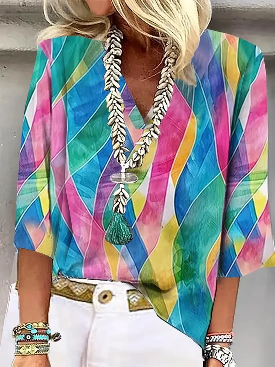Women's Geometric Spring V-Neck Printed Casual Blouse