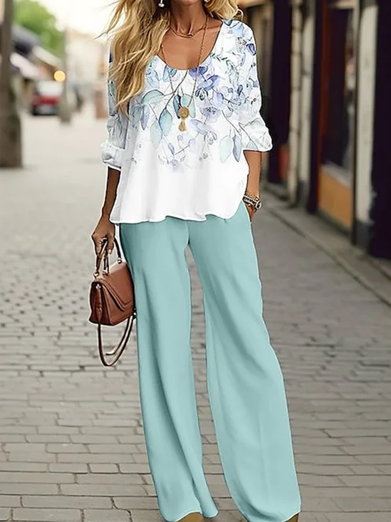 Women's Floral Spring Print Casual Tops and Pants Two-piece Set