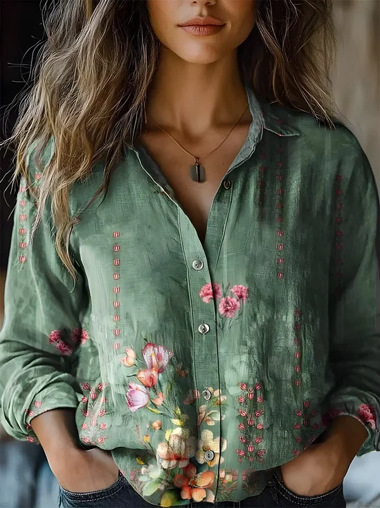 Women's Vintage Art Floral Print Cotton and Linen Long Sleeve Shirt