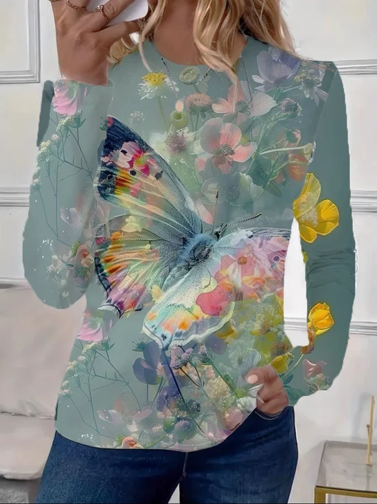 Women's Floral Butterfly Spring Print Casual Round Neck Long Sleeve T-Shirt