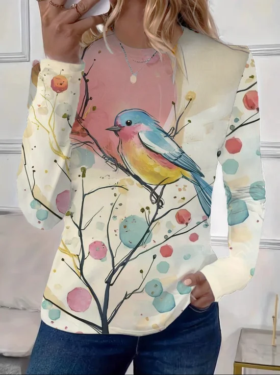 Women's Floral Bird Spring Print Casual Round Neck Long Sleeve T-Shirt