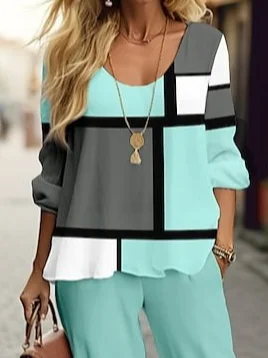 Women's Geometric Spring Print Casual Tops and Pants Two-piece Set