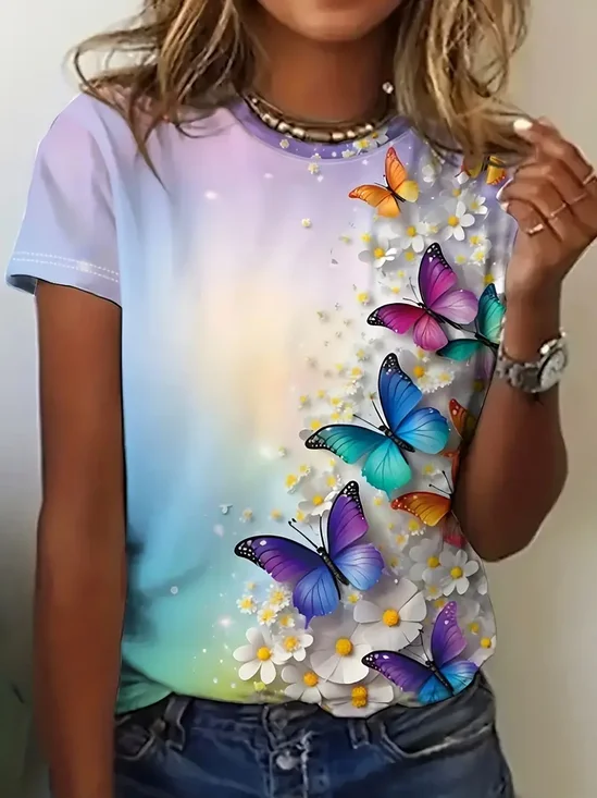 Women's Floral Butterfly Spring Print Casual Round Neck Short Sleeve T-Shirt