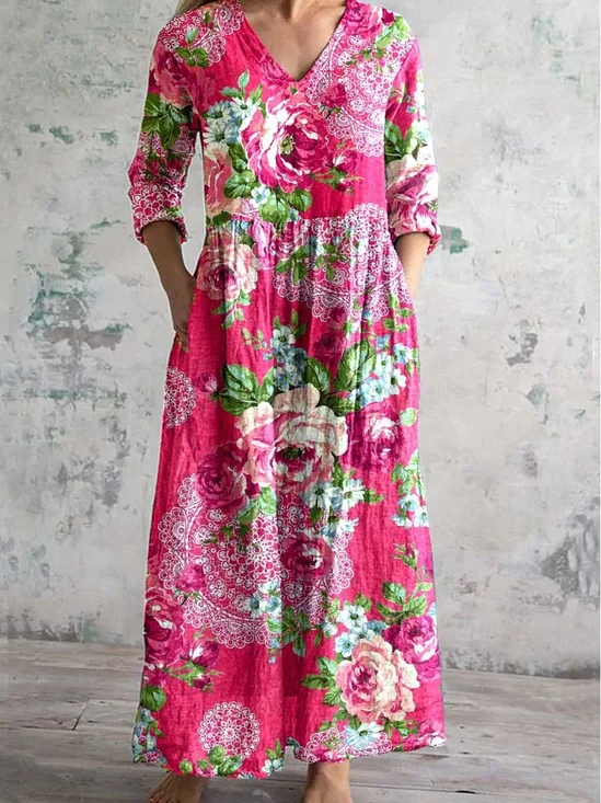 Women's Floral Spring Print Casual V-Neck Long Sleeve Dress