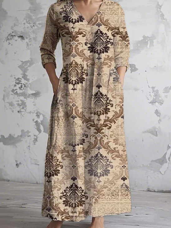Women's Vintage Floral Art Print Pocket Cotton Dress