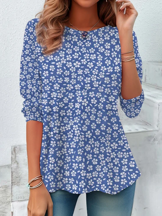 Women's Floral Spring Print Casual Round Neck Tunic Long Sleeve T-Shirt