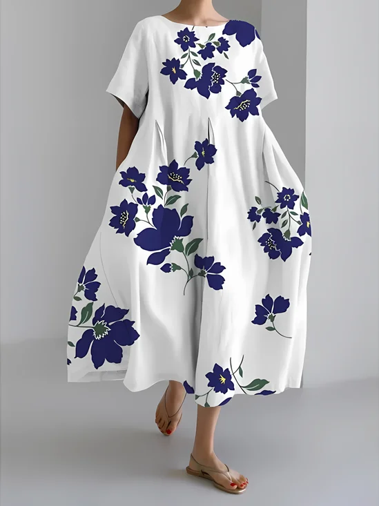 Women's Artistic Floral Print Vintage Round Neck Pleated Dress