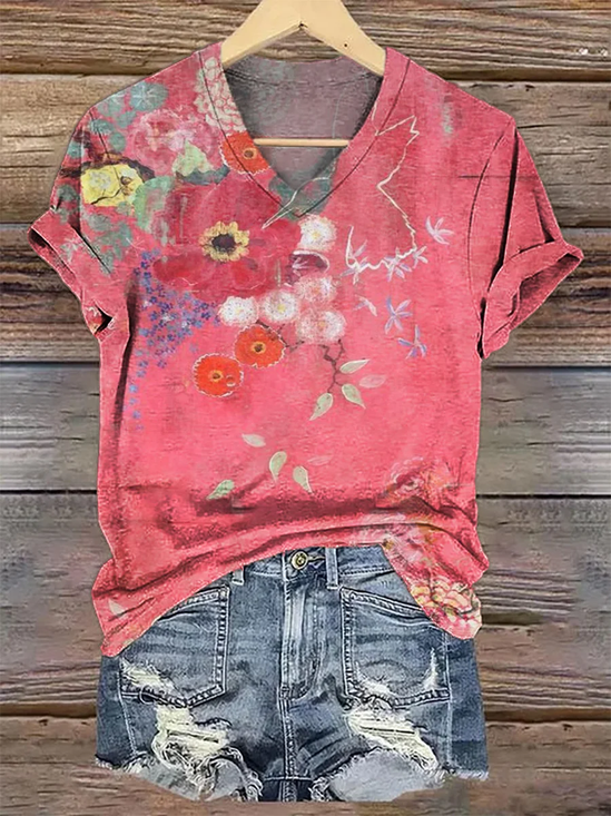 Women's Spring Floral Casual V-Neck Short Sleeve T-Shirt