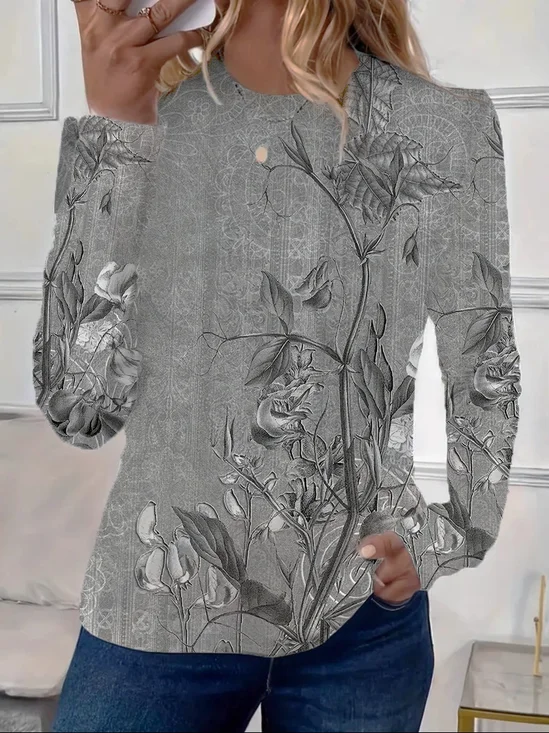 Women's Spring Floral Print Casual Round Neck Long Sleeve T-Shirt