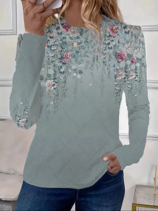 Women's Spring Floral Print Casual Round Neck Long Sleeve T-Shirt