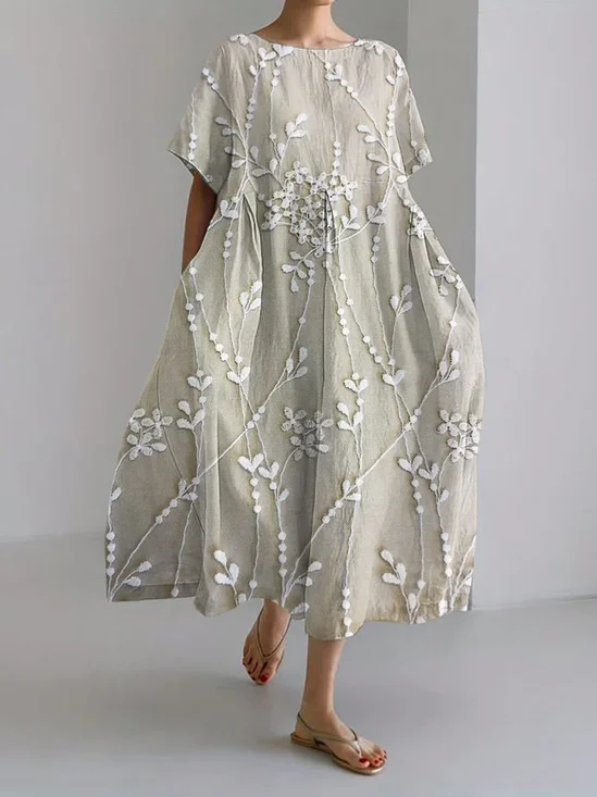 Elegant floral lace embroidery linen blend dress Dress With No Belt