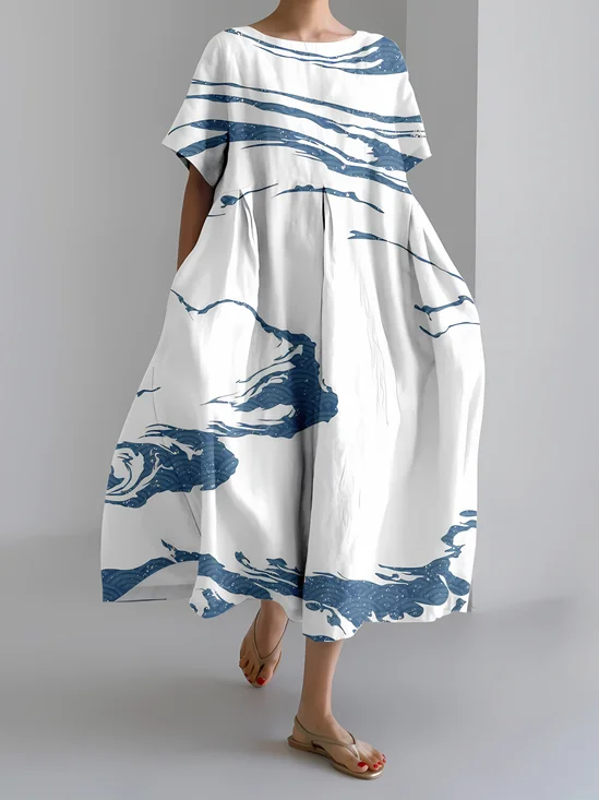 Women's Art Stripe Print Vintage Round Neck Pleated Dress