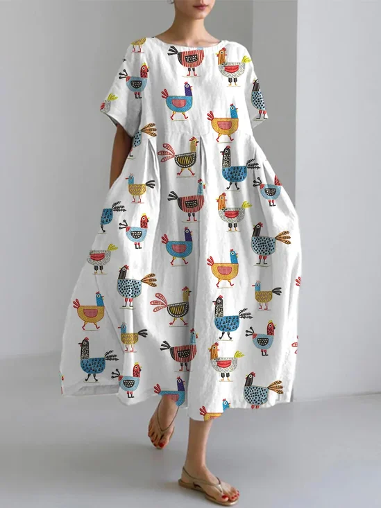 Funny Farm Chicken Embroidery Pattern Linen Blend Casual Dress With No Belt