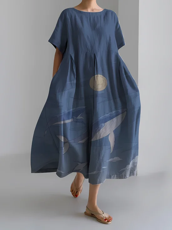 Women's Ocean Whale Art Print Vintage Round Neck Pleated Dress