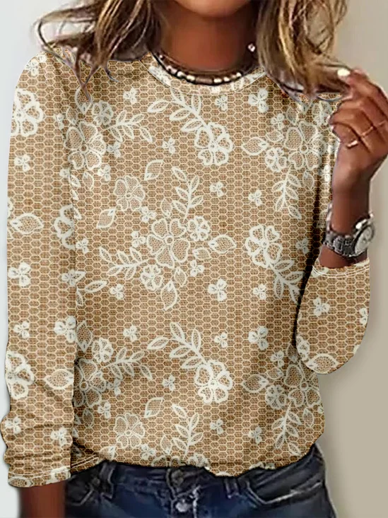 Loose Lace Crew Neck Casual T-Shirt