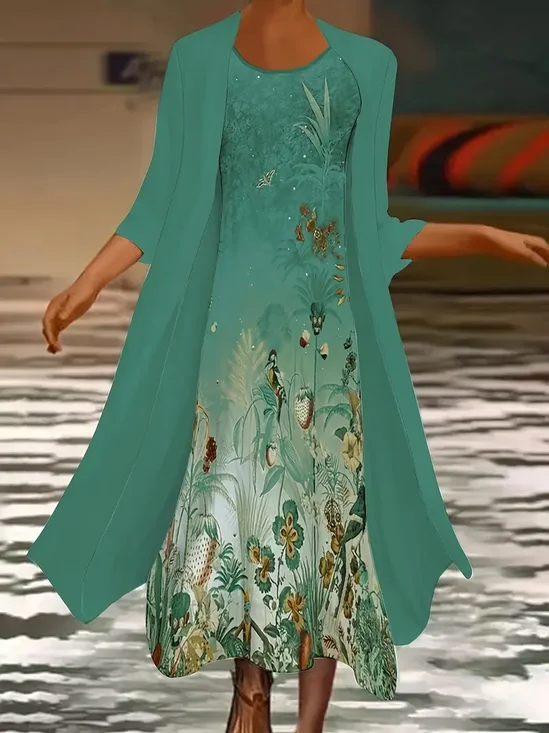 Women's Spring Floral Print Casual Print Two Piece Dress