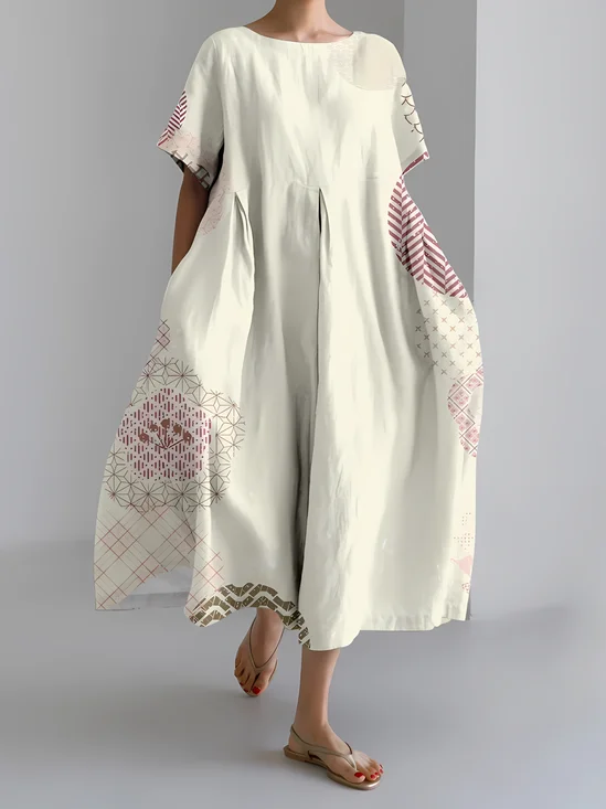 Women's Japanese Art Floral Print Vintage Round Neck Pleated Dress