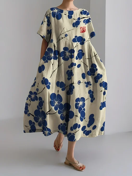 Women's Japanese Art Floral Print Vintage Round Neck Pleated Maxi Dress