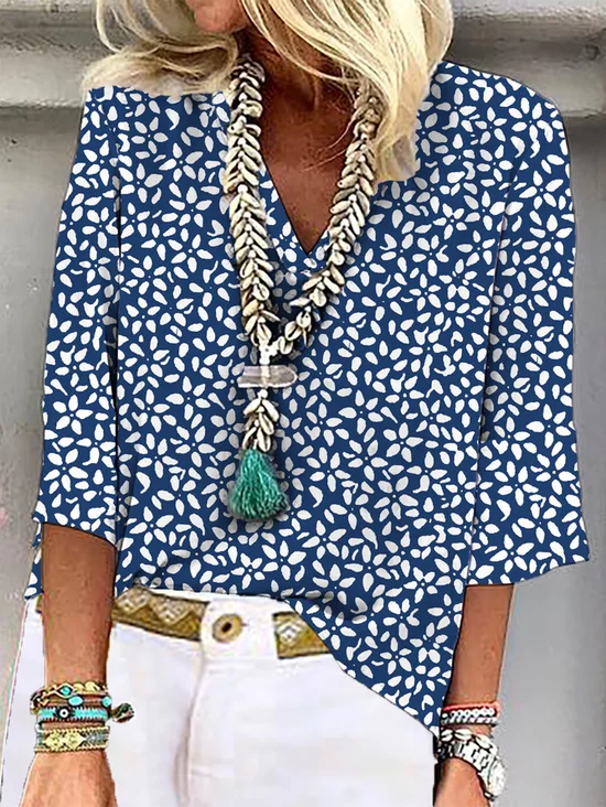 V Neck Floral Loose Casual Blouse