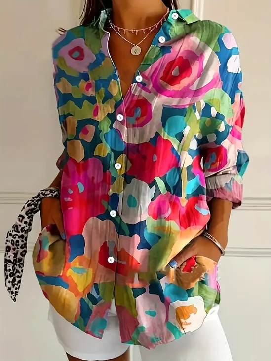 Women's Long Sleeve Shirt Spring/Fall As Picture Floral Buckle Shirt Collar Daily Going Out Casual Top