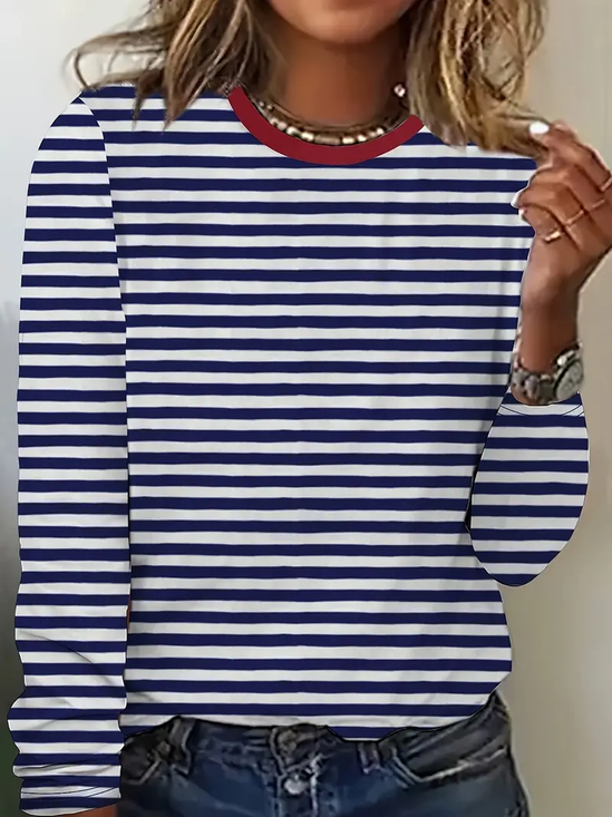Women's Striped Spring Print Casual Round Neck Long Sleeve T-Shirt