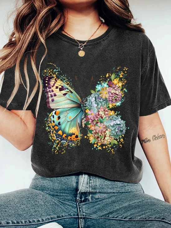 Floral Butterfly Print Wash T-Shirt