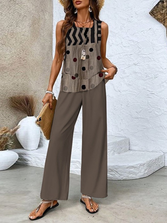 Women's Geometric Spring Print Casual Tank Top Pants Two Piece Suit