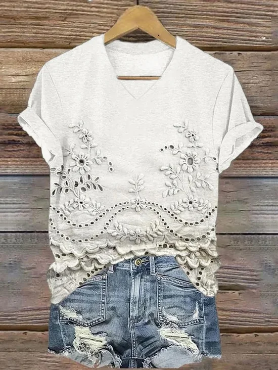 Vintage Floral Embroidered Lace V Neck T Shirt