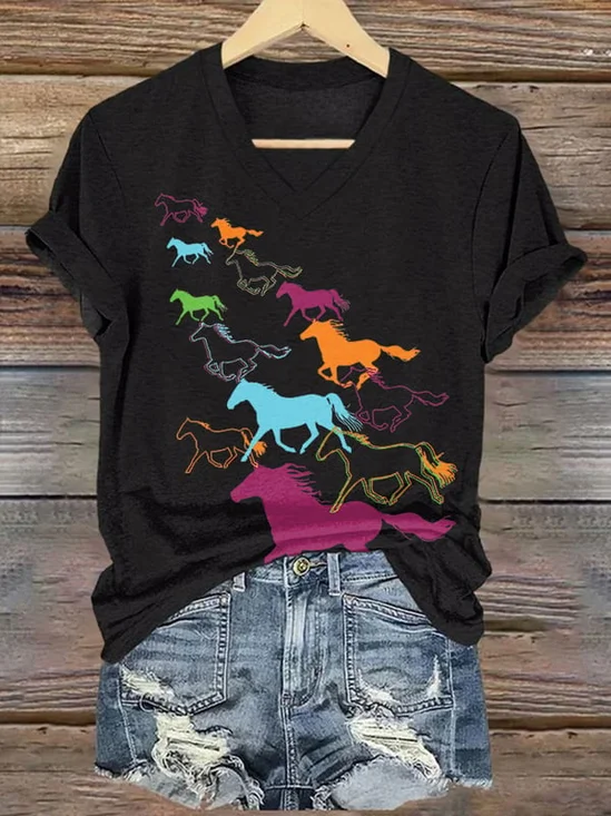 Women's Retro Horse Print V Neck Casual T-Shirt