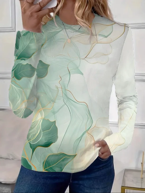 Women's Spring Floral Gradient Print Casual Round Neck Long Sleeve T-Shirt
