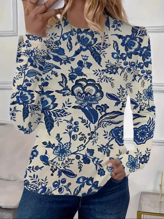 Women's Spring Floral Print Casual Round Neck Long Sleeve T-Shirt