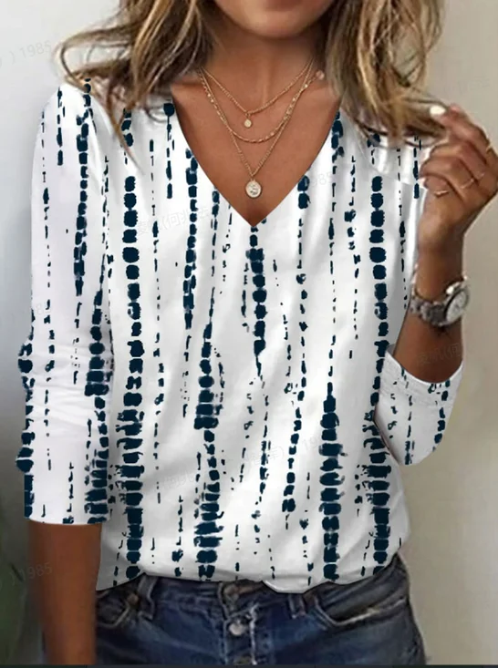 Women's Striped Print Casual V-Neck Long Sleeve T-Shirt