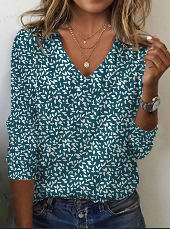 Women's Floral Spring Print Casual V-Neck Long Sleeve T-Shirt