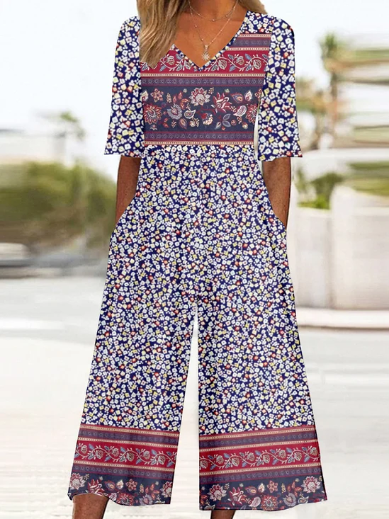 V Neck Multicolor Block Vintage Loose Jumpsuit