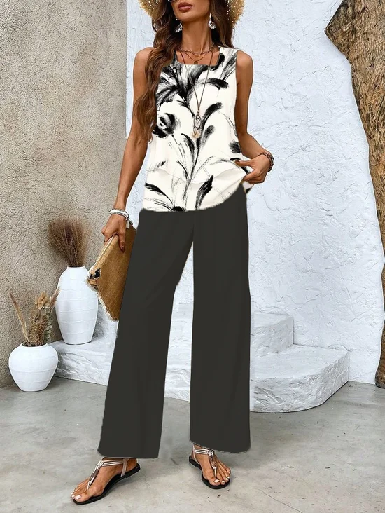 Women's Floral Spring Print Casual Tank Tops Two-Piece Set