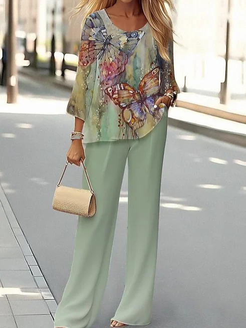 Women's Floral Spring Print Casual Fashion Two Piece Suit
