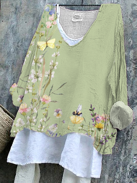 Women's Long Sleeve Blouse_ Spring/Fall Green Floral Printing V Neck Daily Going Out Casual Top