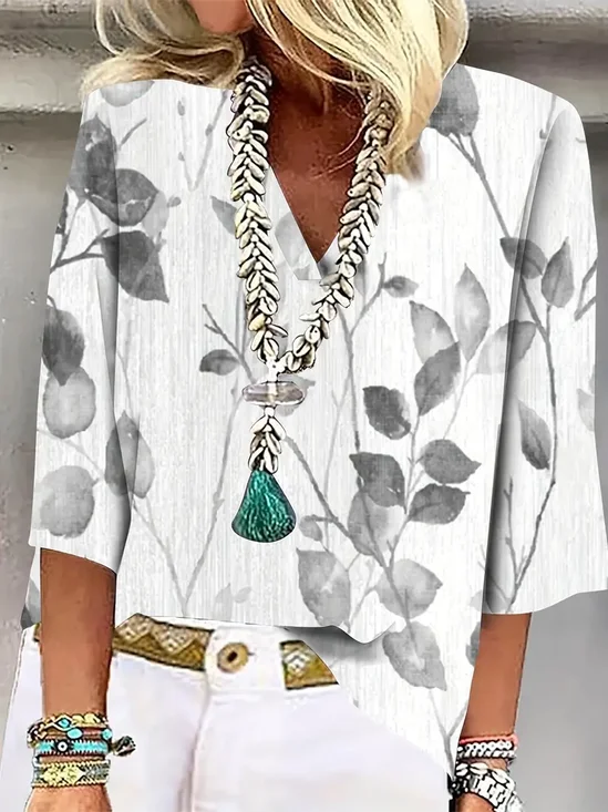 Women's Floral Spring Print Casual V-Neck Blouse