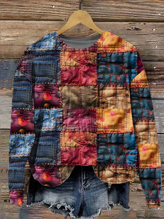 Women's Patchwork Art Print Crew Neck Loose Casual Sweatshirt
