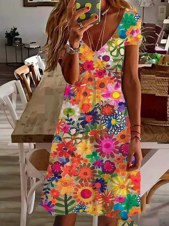 Women's Floral Spring Print Casual V-Neck Short Sleeve Dress