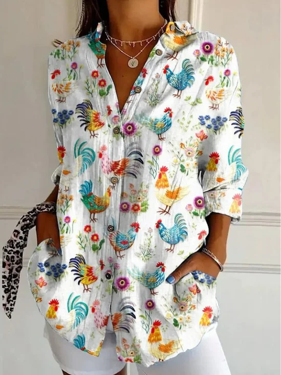 Women Vintage Farm Chicken Floral Print Long Sleeve Blouse