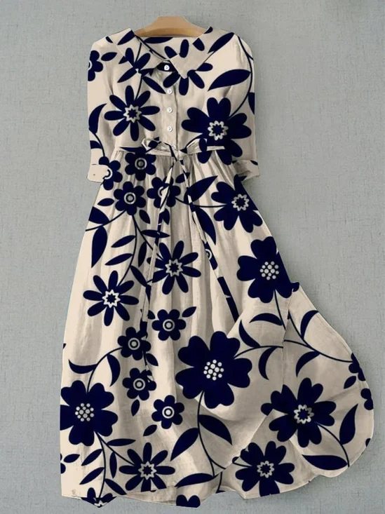 Floral Casual Shirt Collar Dress With Belt