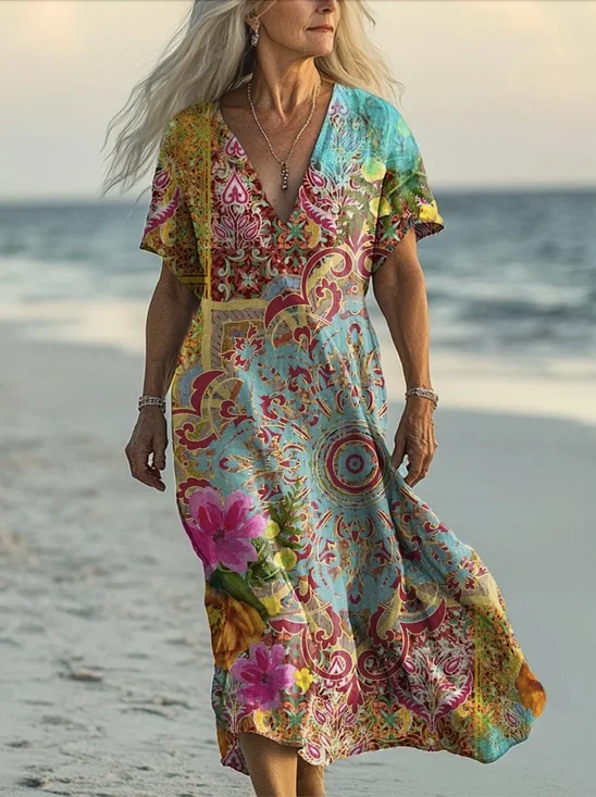 V Neck Vintage Floral Dress With No Belt